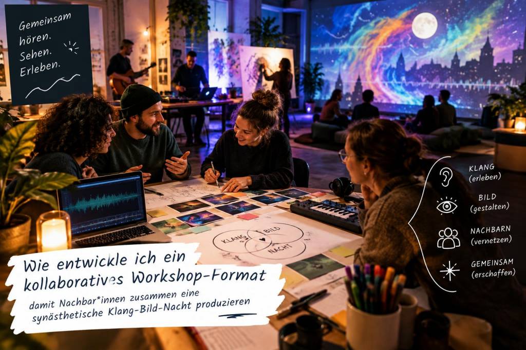 Wie entwickle ich ein kollaboratives Workshop‑Format, damit Nachbar*innen zusammen eine synästhetische Klang‑Bild‑Nacht produzieren