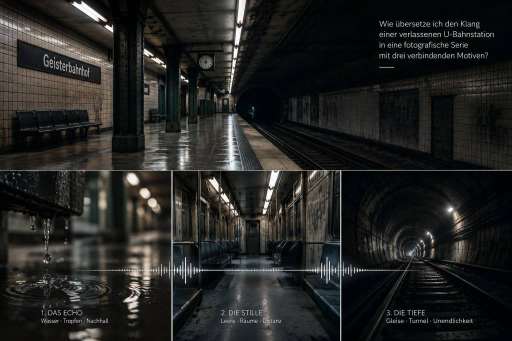 Wie übersetze ich den Klang einer verlassenen U‑Bahnstation in eine fotografische Serie mit drei verbindenden Motiven